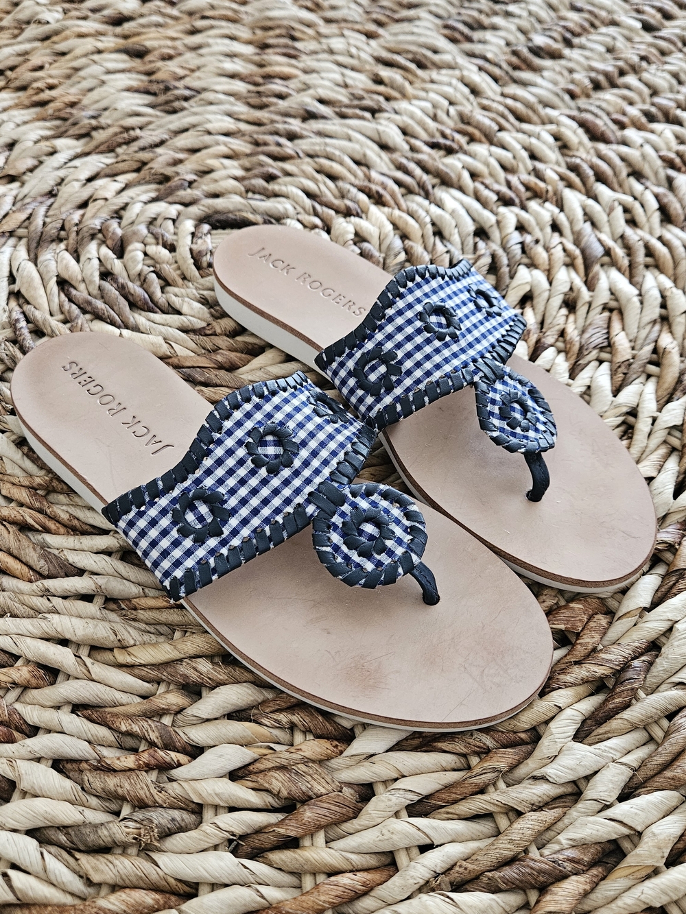 Jack Rogers Navy and White Gingham Leather Thong Sandals